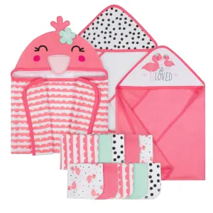 13-Piece Girls Terry Hooded Bath Wrap, Hooded Towels and Washcloth Set - Flamingo