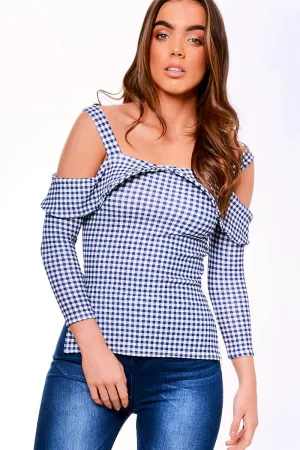 Blue Cut Shoulder Checked Top - Lucie