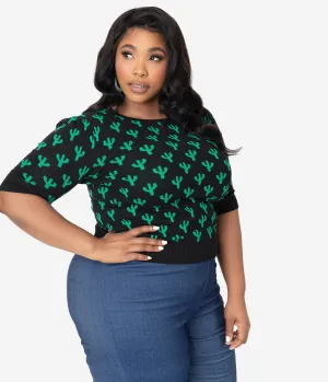 Collectif Plus Size Black & Green Cactus Chrissie Knit Sweater