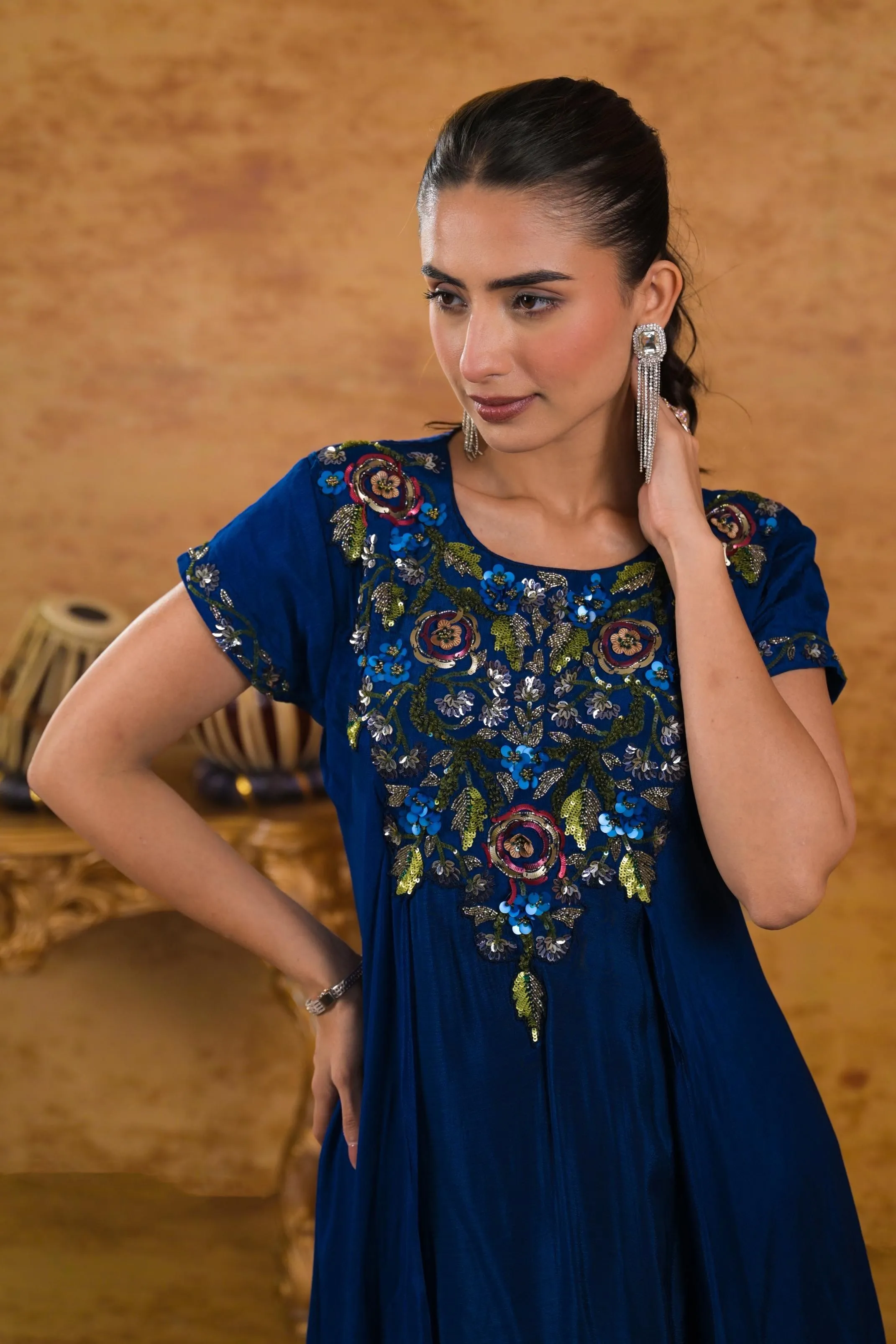 Deep Blue Embroidered Chinon Silk Gown