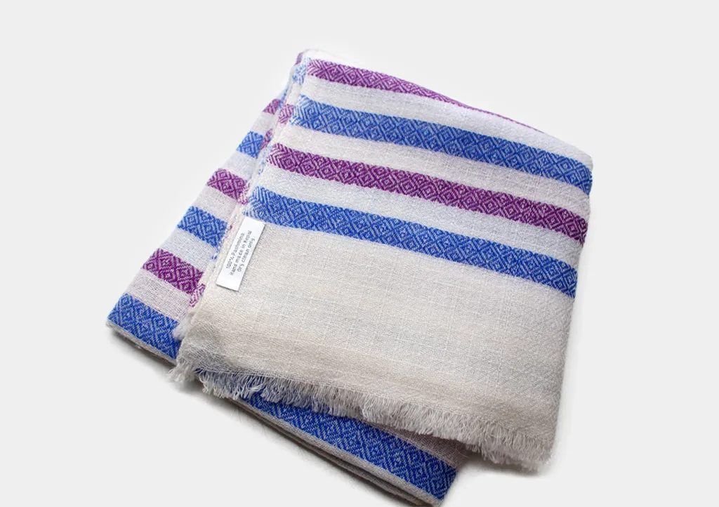 Diamond Weaved Blue and Purple Striped Pure Pashmina Shawl