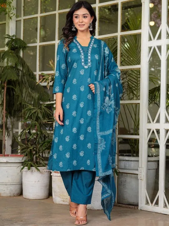 Floral Printed V-Neck Pure Cotton Straight Kurta Palazzos & With Dupatta