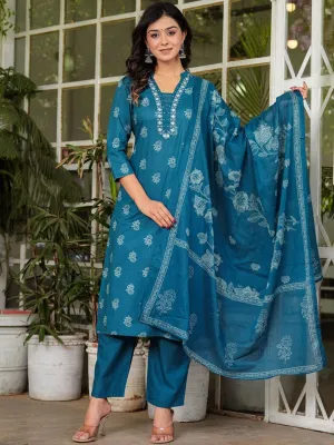 Floral Printed V-Neck Pure Cotton Straight Kurta Palazzos & With Dupatta