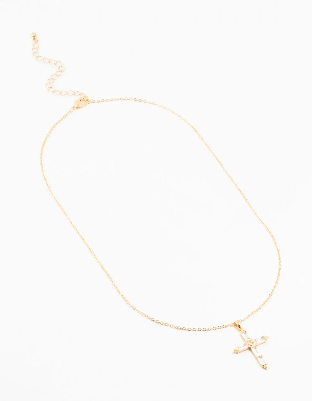 Gold Plated Large Baguette Cut Cubic Zirconia Cross Necklace