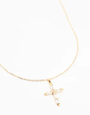 Gold Plated Large Baguette Cut Cubic Zirconia Cross Necklace