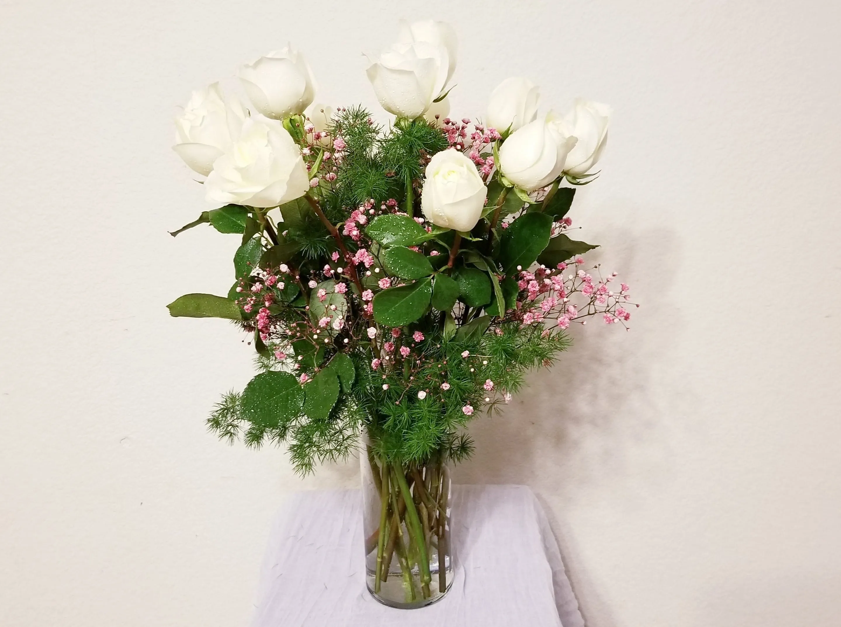 Half a Dozen White Roses & Mist or Baby’s Breath Arrangement