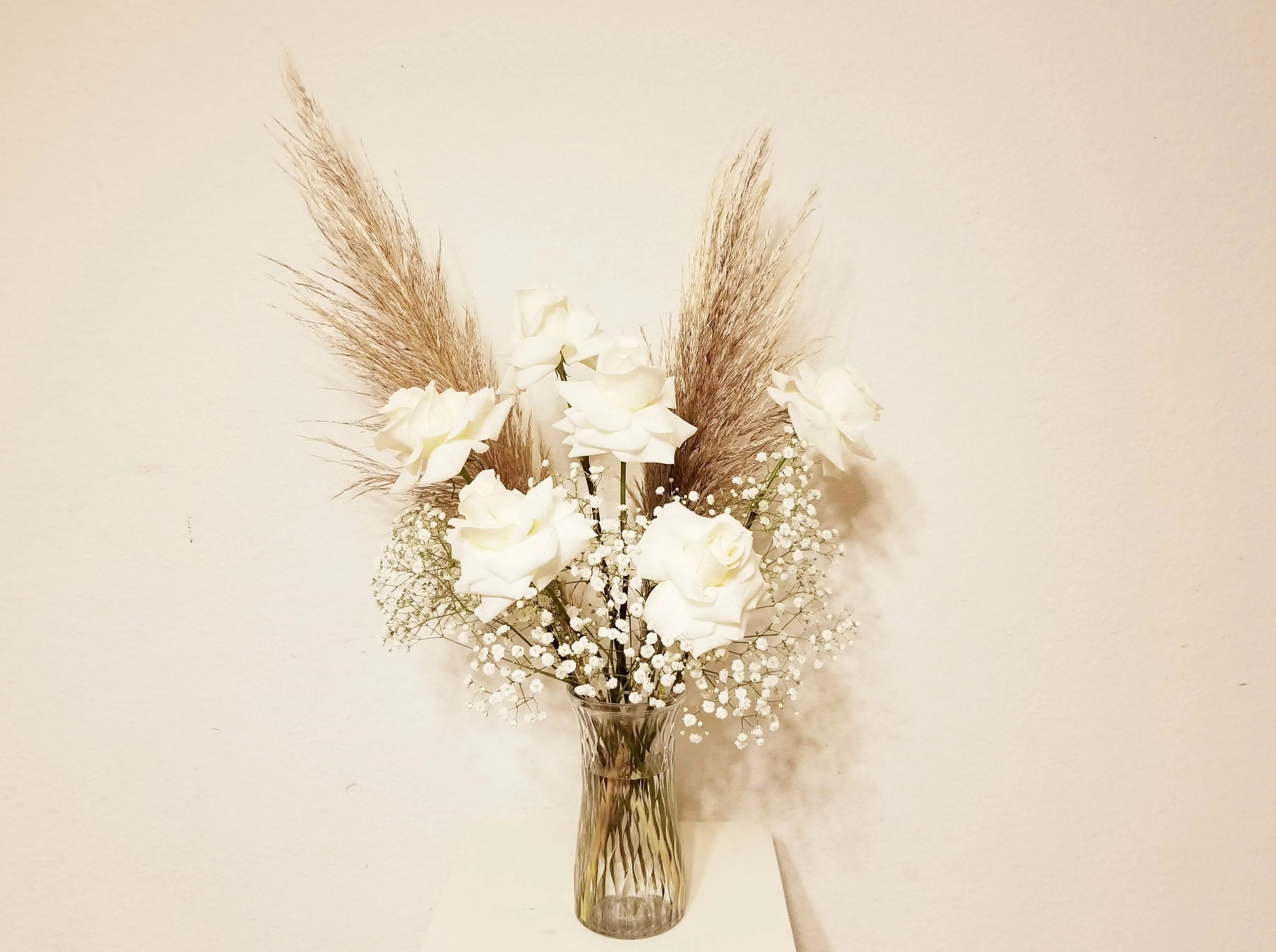 Half a Dozen White Roses & Mist or Baby’s Breath Arrangement