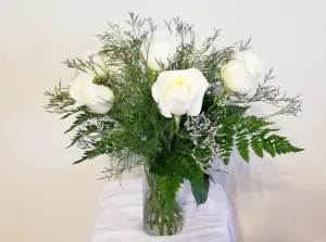 Half a Dozen White Roses & Mist or Baby’s Breath Arrangement