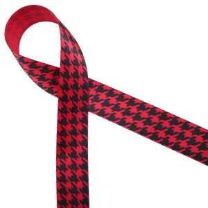 Houndstooth check ribbon in black on 7/8" red single face satin