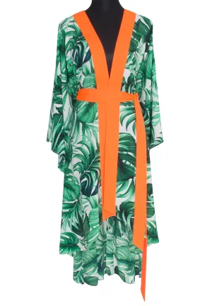 Jungle - Monstera White / Green Kimono (Neon Orange)