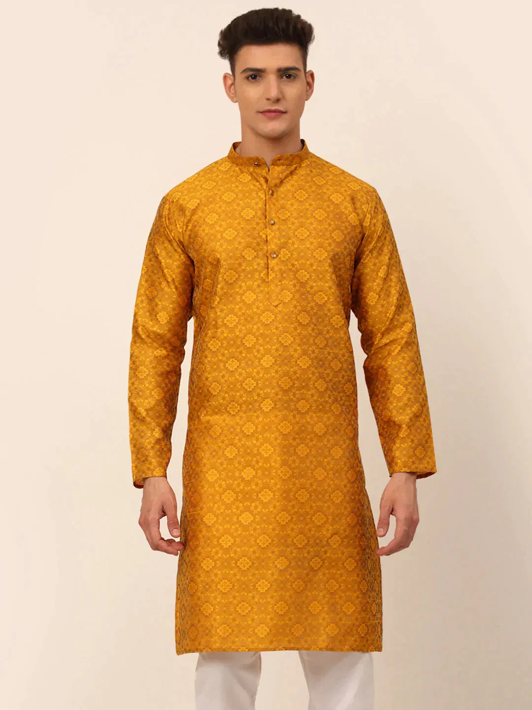 Men Mustard Floral Printed Kurta Only