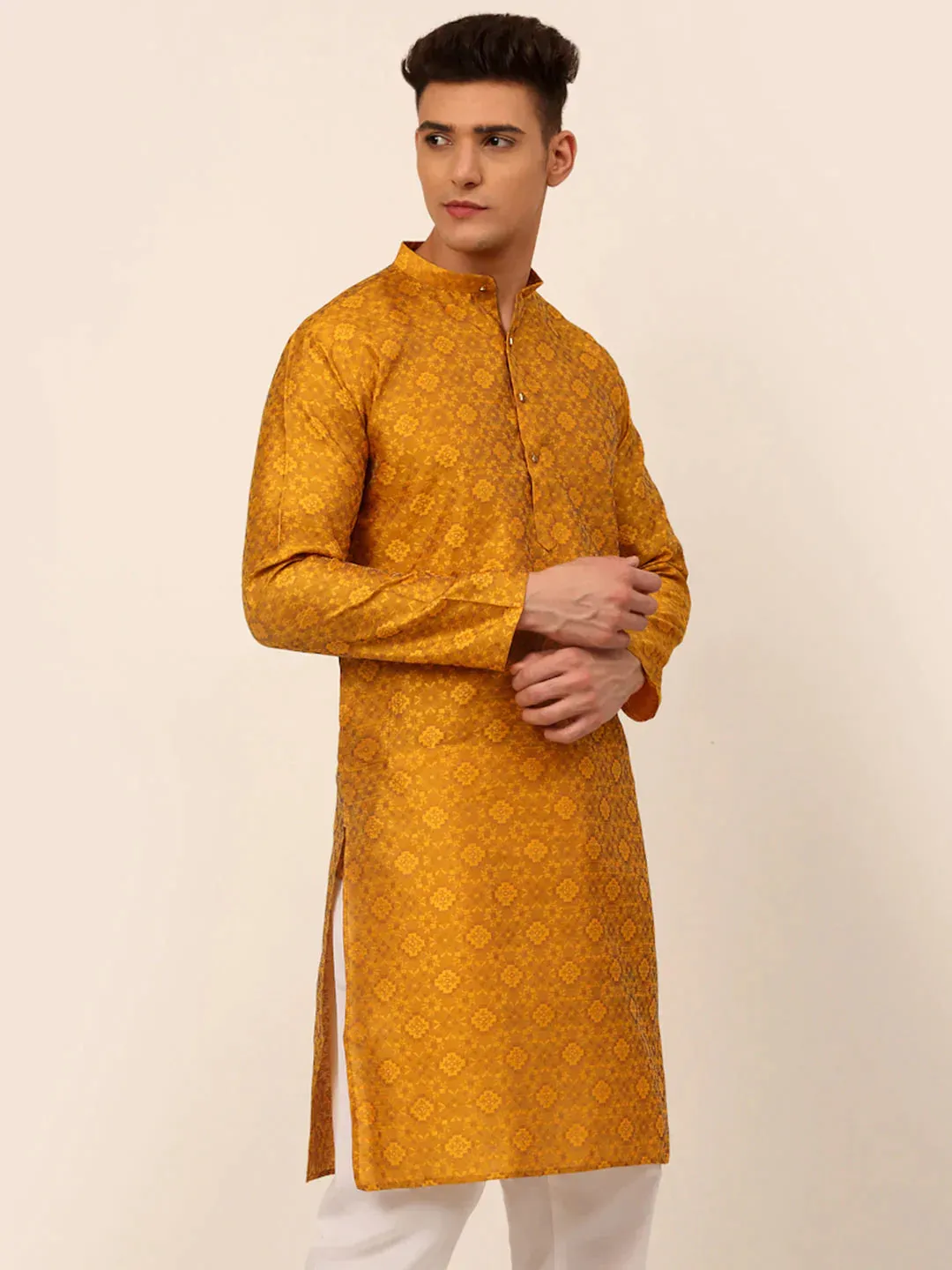 Men Mustard Floral Printed Kurta Only