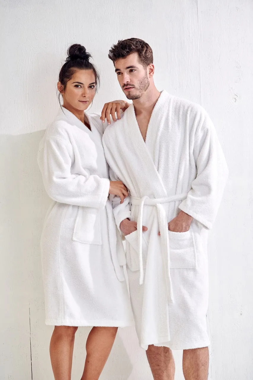 Men's Terry Cloth Bathrobe, Kimono Style, Luxury Terry Cotton Turkish & Comfortable, (White)