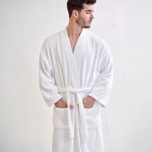 Men's Terry Cloth Bathrobe, Kimono Style, Luxury Terry Cotton Turkish & Comfortable, (White)