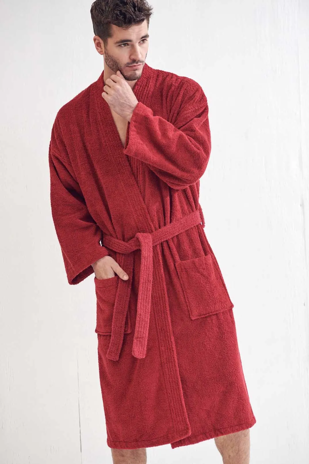 Men's Terry Cloth Cotton Turkish Bathrobe, Kimono Style, Luxurious & Comfortable, (Burgundy)