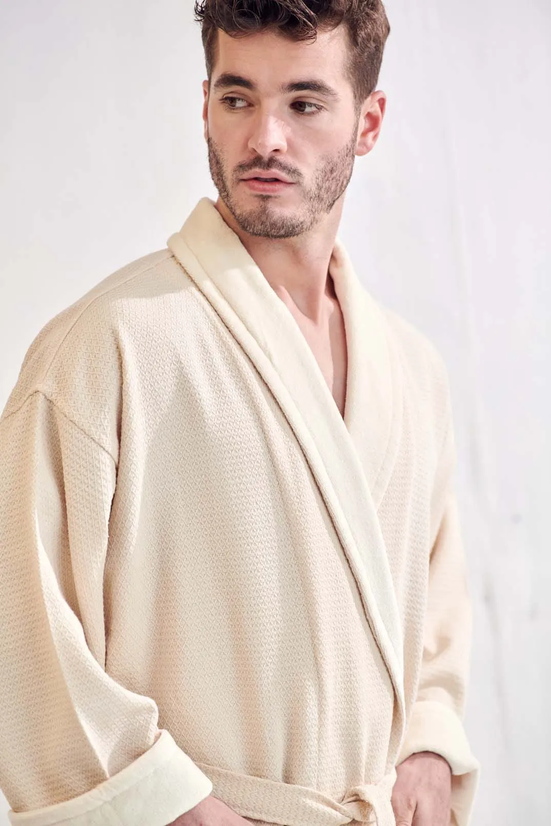 Men's Waffle Cotton Turkish Velour Beige Shawl Collar Bathrobe, Luxury Soft & Comfort,