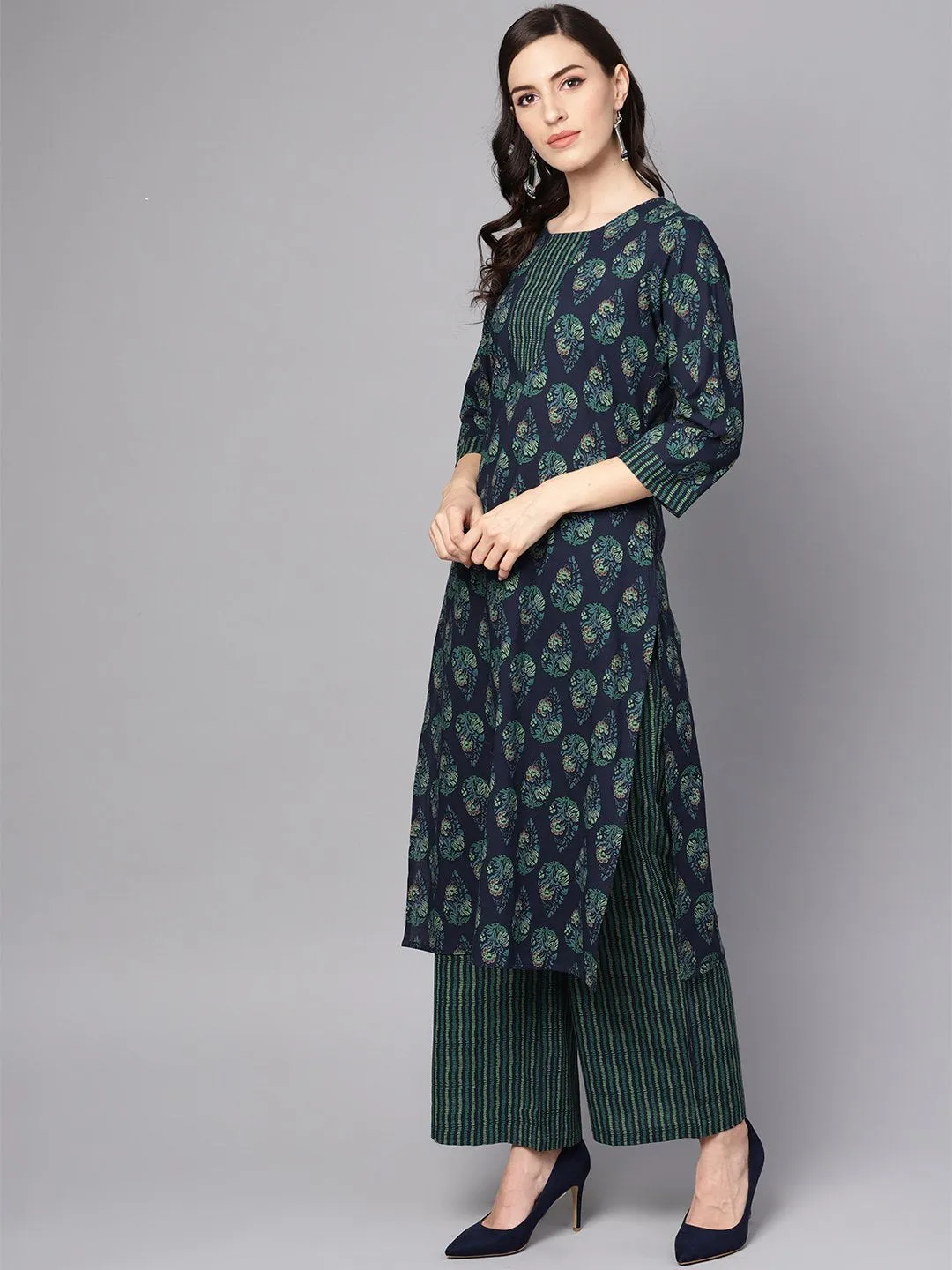 Navy Blue Printed 3/4Th Sleeve Cotton Kurta With Striped Palazzo And Dupatta