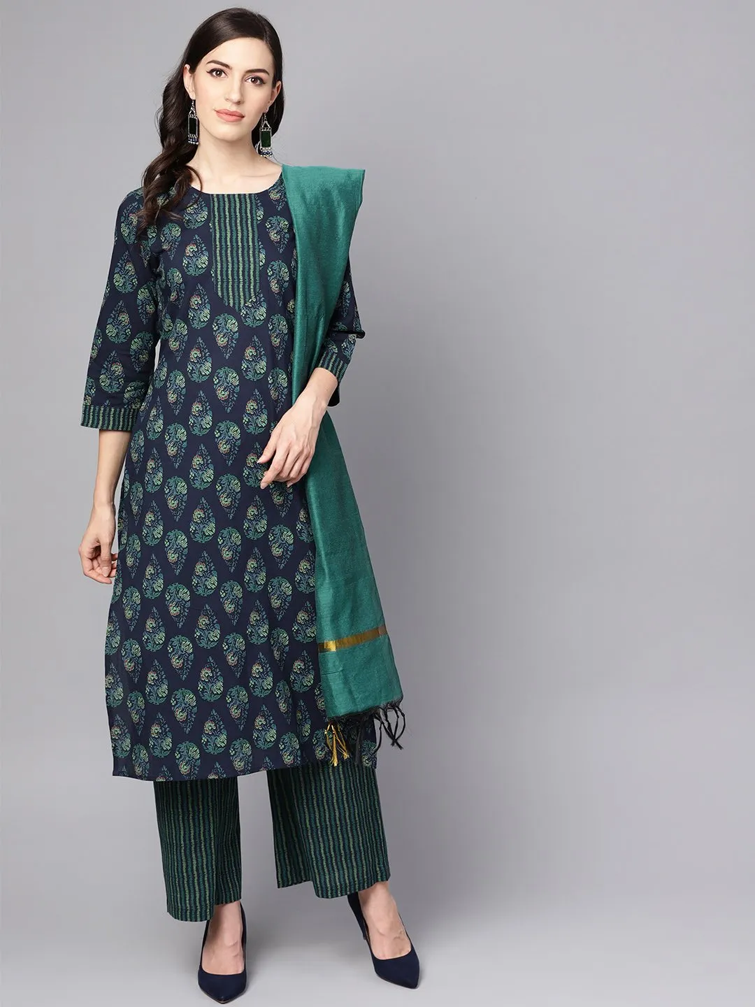 Navy Blue Printed 3/4Th Sleeve Cotton Kurta With Striped Palazzo And Dupatta