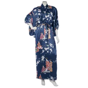 Premium Navy Geisha and Blossom Silk Japanese Kimono