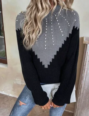 Two Tone Pearl Beaded Drop Shoulder Sweater