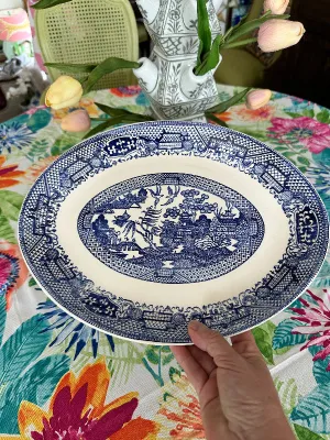 Vintage Blue Willow Oval Platter, USA Pottery, Blue and White Chinoiserie