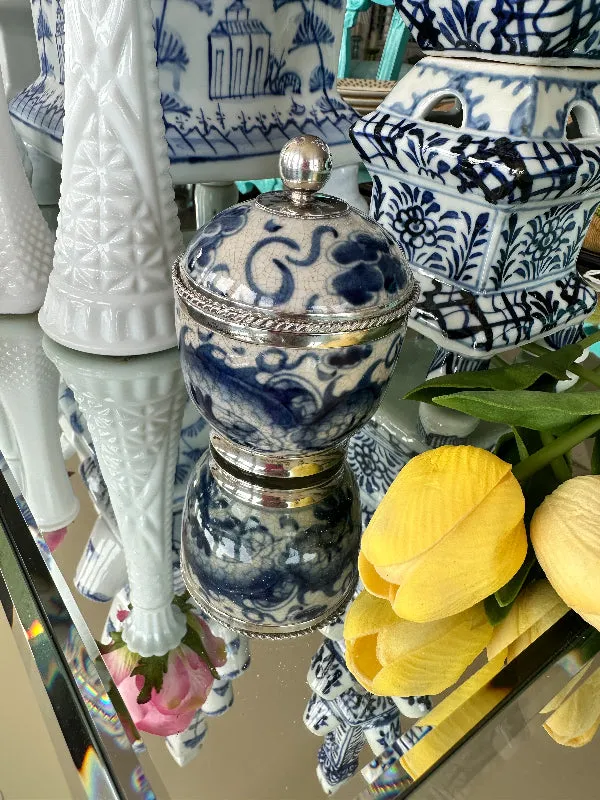 Vintage Lidded Jar, Blue and White Porcelain and Sterling Silver, Chinoiserie - Bangkok