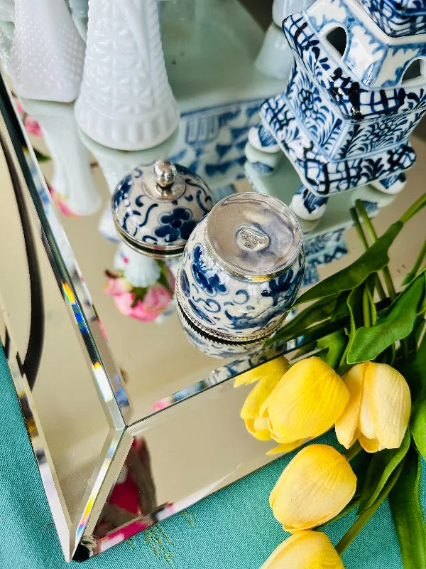 Vintage Lidded Jar, Blue and White Porcelain and Sterling Silver, Chinoiserie - Bangkok