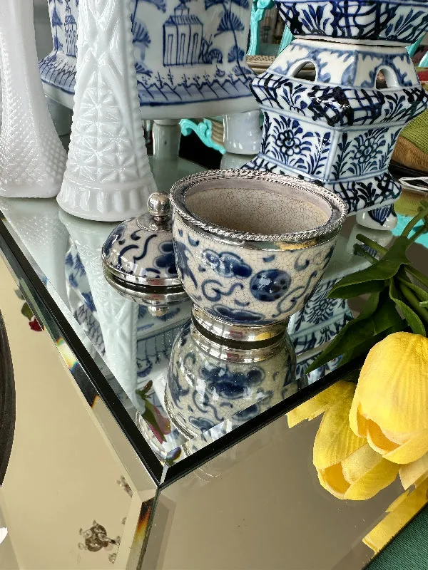 Vintage Lidded Jar, Blue and White Porcelain and Sterling Silver, Chinoiserie - Bangkok