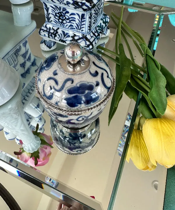 Vintage Lidded Jar, Blue and White Porcelain and Sterling Silver, Chinoiserie - Bangkok