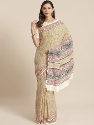 Women Beige And Maroon Ethnic Floral Print Saree With Atteched Blouse Piece