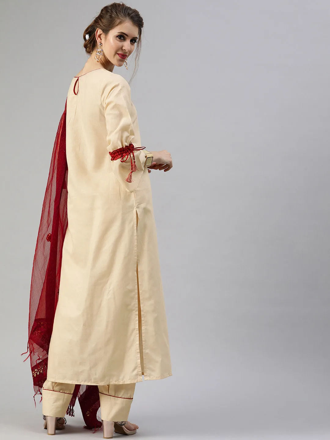 Women Beige And Maroon Solid Kurta With Salwar And Dupatta