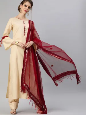 Women Beige And Maroon Solid Kurta With Salwar And Dupatta