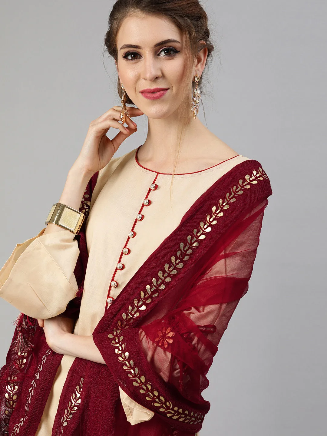 Women Beige And Maroon Solid Kurta With Salwar And Dupatta