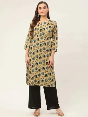 Women Beige And Navy Printed Straight Pure Cotton Kurta