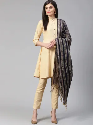 Women Beige Solid Kurta With Trousers & Dupatta