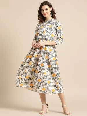 Women Off White Floral Printed Mandarin Collar Cotton A-Line Dress