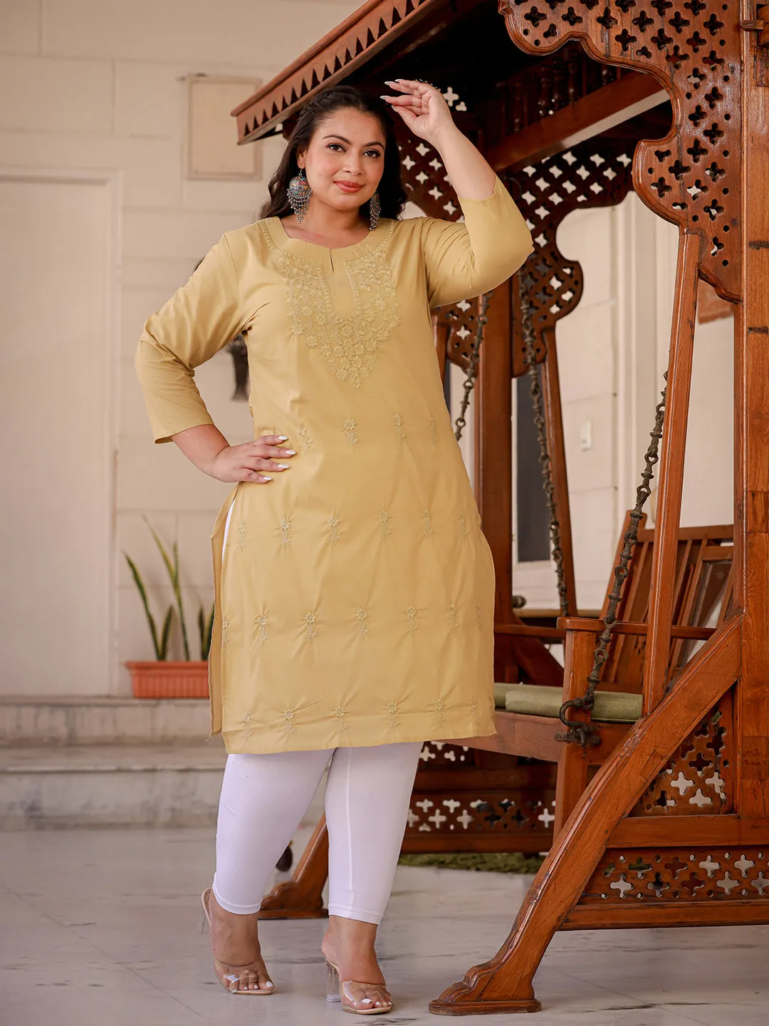 Women Plus Size Beige Pure Cotton Kurta