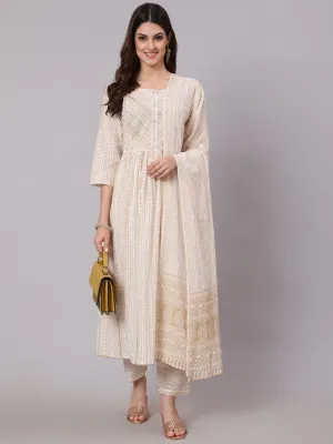 Women White & Gold Sequence Yoke Kurta With Trouser And Dupatta