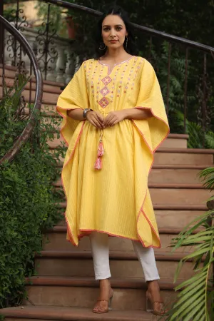 Women Yellow Cotton Dobby Embroidered Kaftan