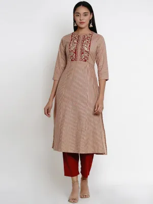 Women'S Beige & Maroon Striped Kurti With Palazzos