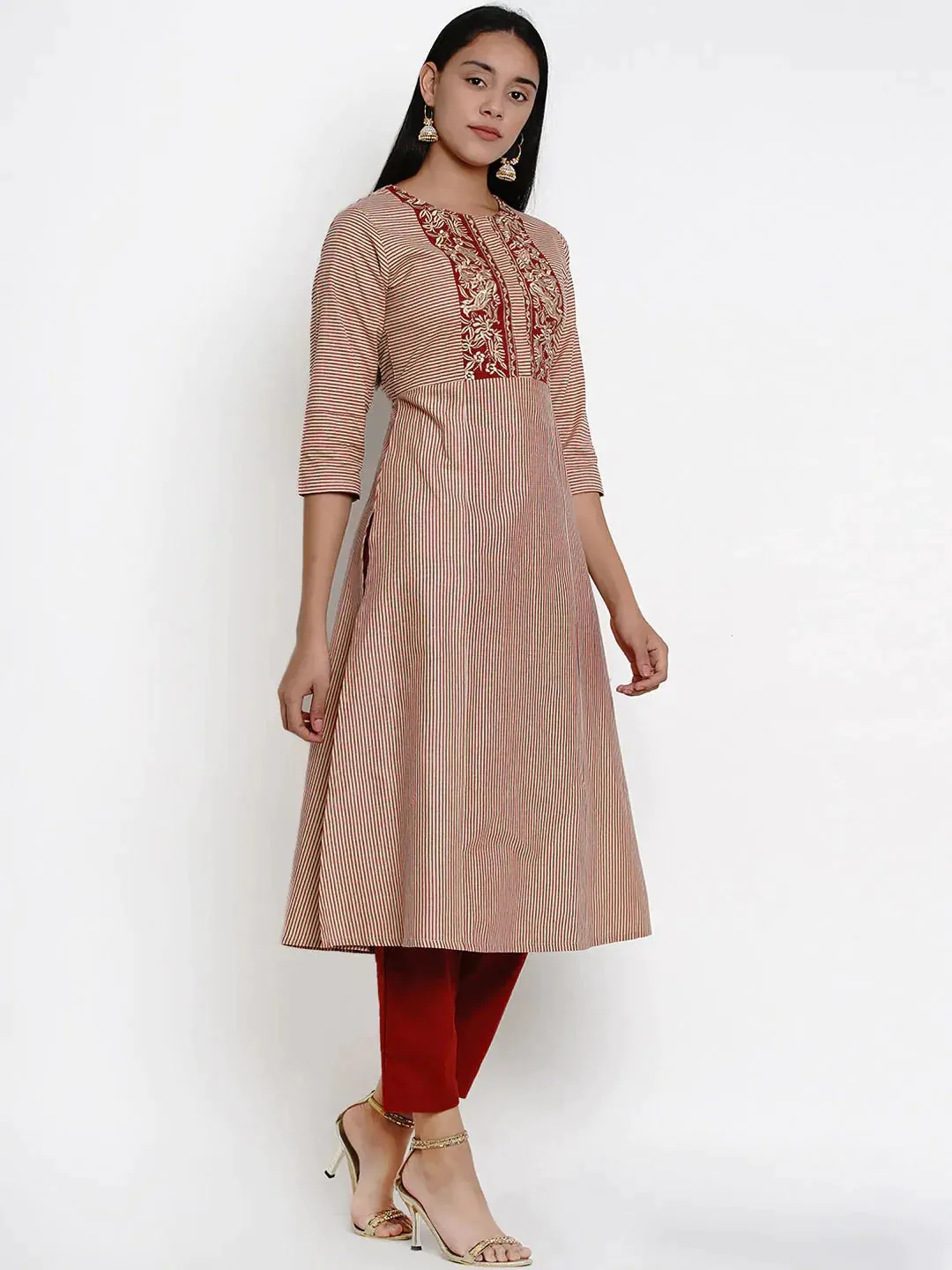 Women'S Beige & Maroon Striped Kurti With Palazzos