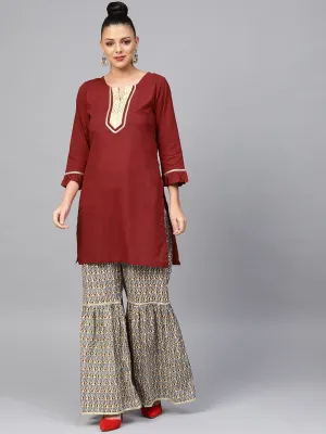 Women'S Maroon & Beige Solid Kurta With Sharara