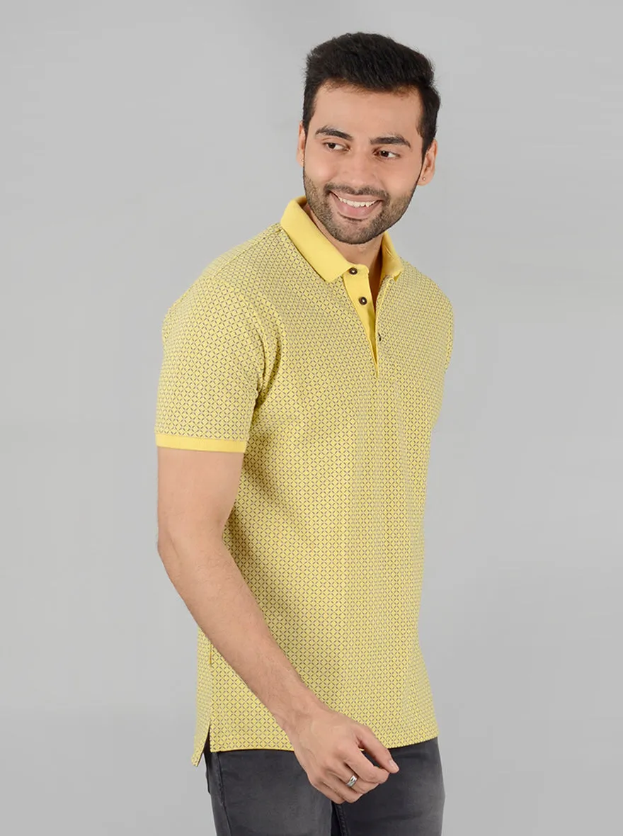 Yellow Printed Slim Fit Polo T-Shirt | JadeBlue