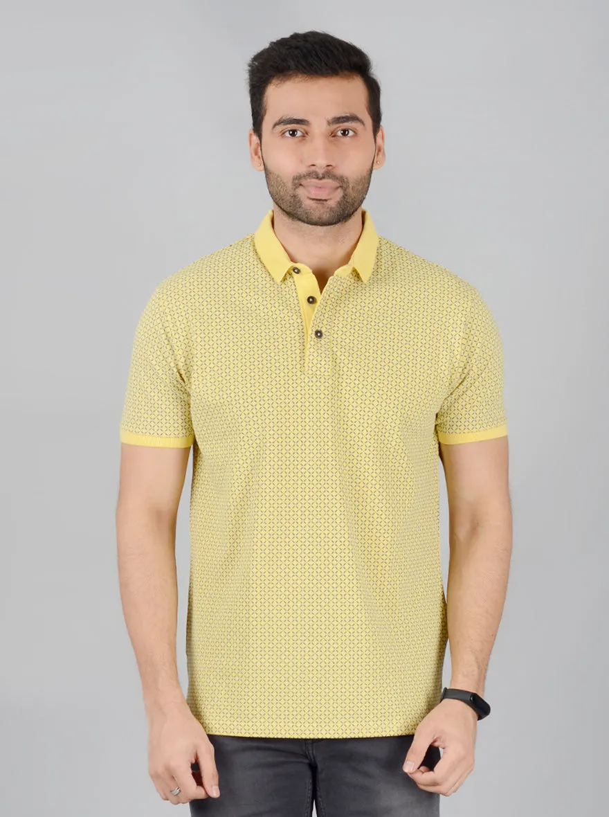 Yellow Printed Slim Fit Polo T-Shirt | JadeBlue